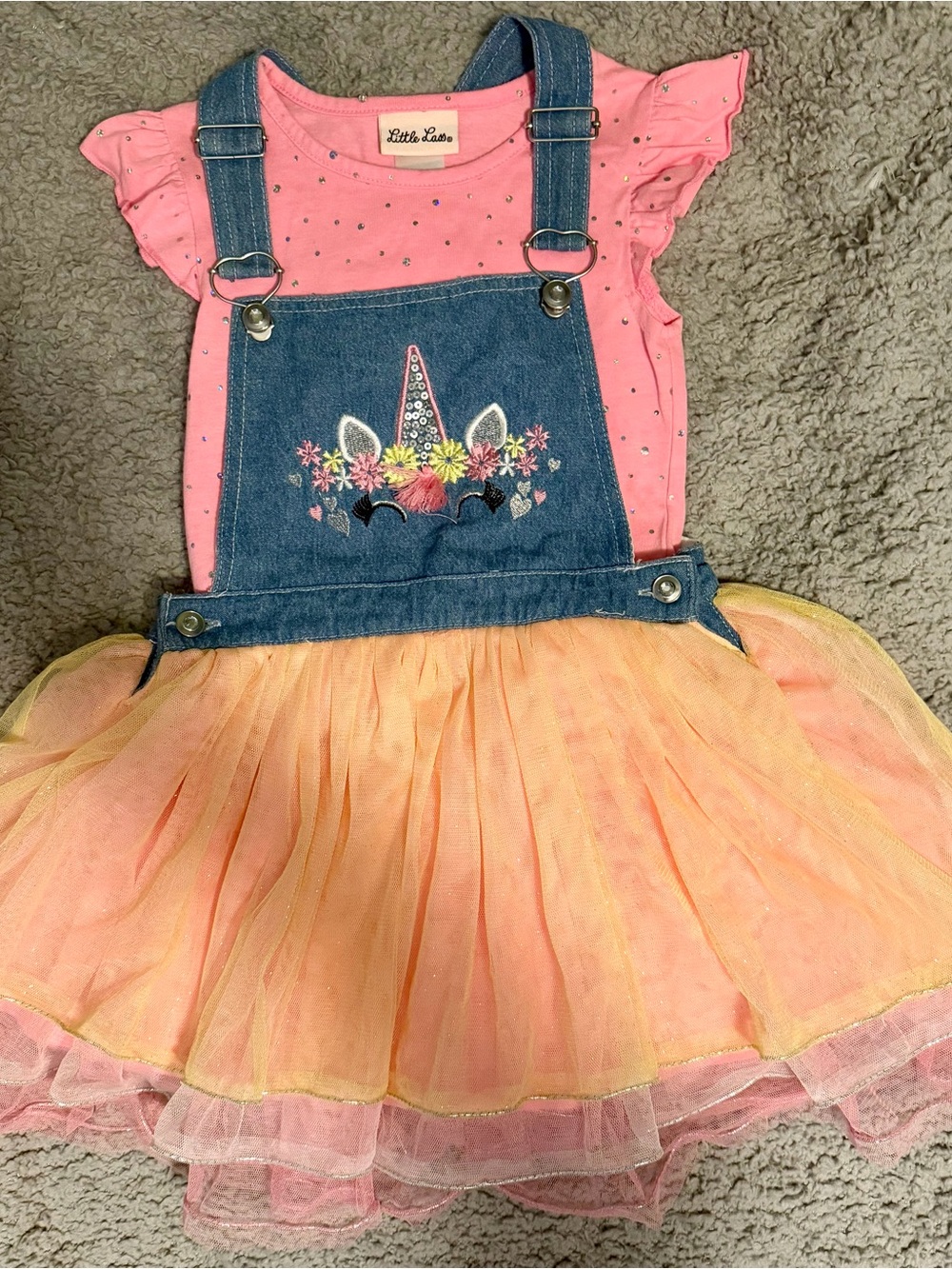 Little Lass Pink Top with Peach Tulle Denim Overall Dress